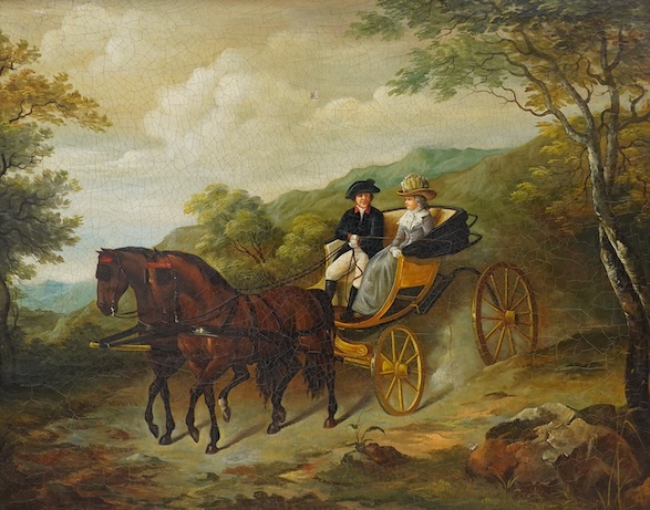 19th century, oil on canvas, Horse drawn carriage, unsigned, 39 x 49cm. Condition - poor